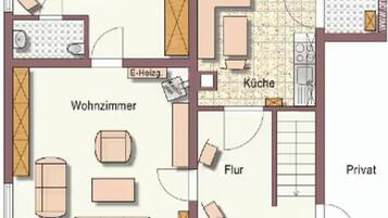 Distribución de un hotel que incluye sala de estar, recámaras, cocina, baño y balcón.