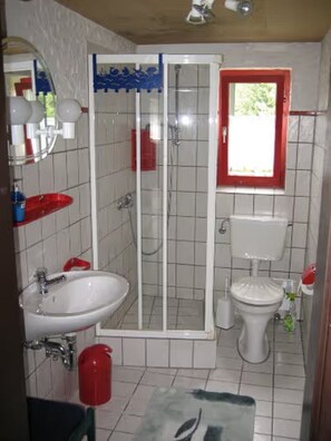 Douche, séchoir à cheveux, serviettes fournies
