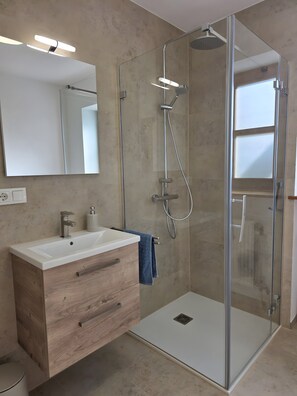 Shower, free toiletries, hair dryer, towels