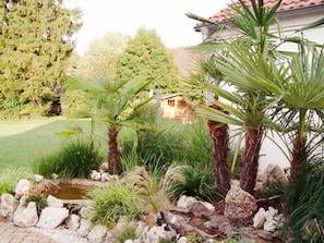 Un jardín arbolado con palmeras, un pequeño estanque y una casa con techo rojo.