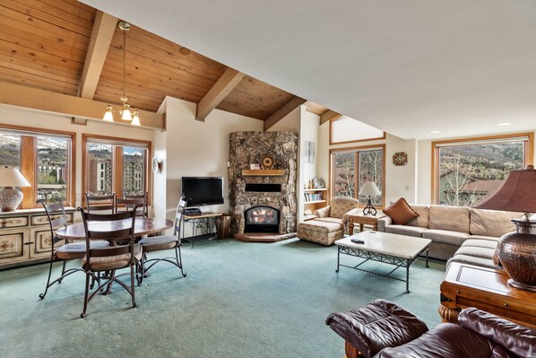 Smart TV, chimenea, libros