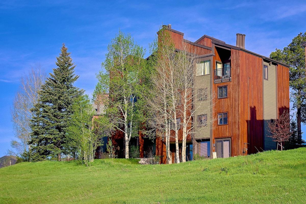 Un immeuble à plusieurs étages, doté d’une façade en bois, d’un balcon et d’une colline verdoyante au premier plan.