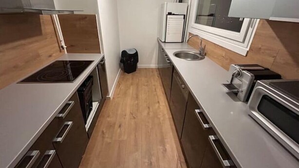 A compact kitchen with a built-in stove, a sink, and a refrigerator. - Une vue Imprenable sur Metz ! (Metz)