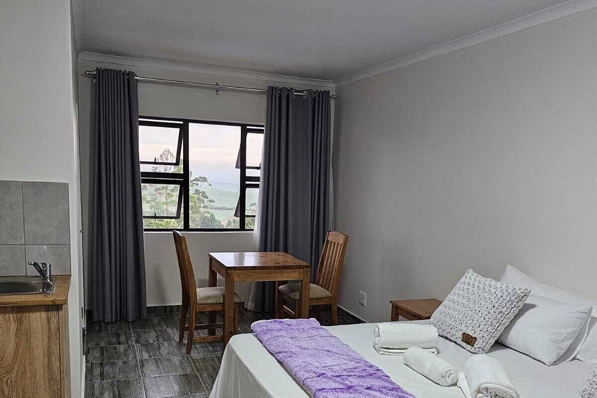 Een hotelkamer met een bed, een bureau, een stoel en uitzicht op het landschap door een raam.