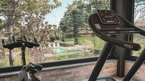 Ein Heimfitnessraum mit Ergometer und Laufband, große Fenster mit Blick auf einen Garten und Bäume.