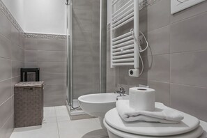 Shower, hair dryer, bidet, towels