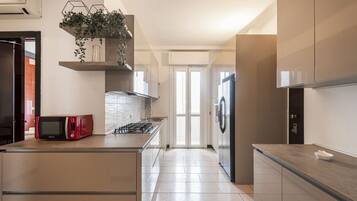 Fridge, microwave, oven, stovetop