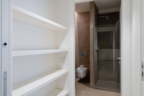 Shower, hair dryer, bidet, towels