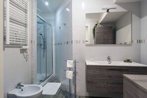 Shower, hair dryer, bidet, towels