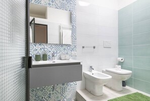 Shower, hair dryer, bidet, towels