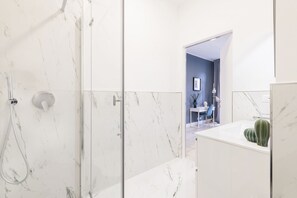 Shower, hair dryer, bidet, towels