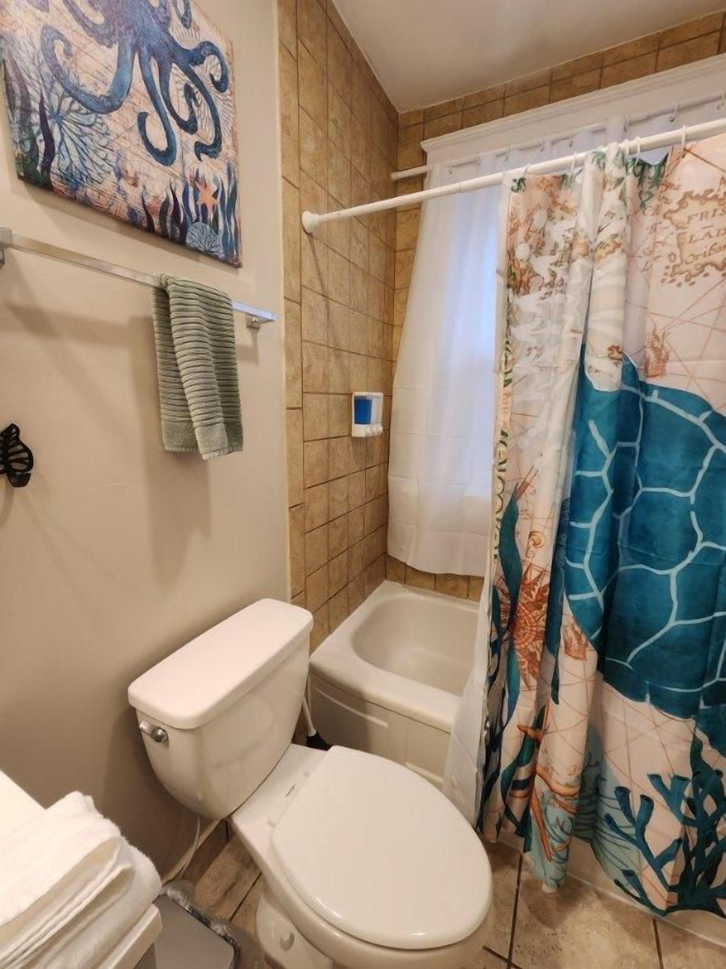 Shower, hair dryer, towels, shampoo