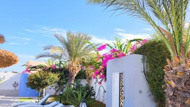 Un resort con un edificio blanco, una palmera y flores rosadas.