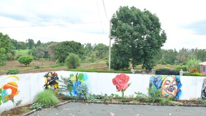 Un mural en una pared de concreto con diversos diseños coloridos, incluyendo flores y formas abstractas.