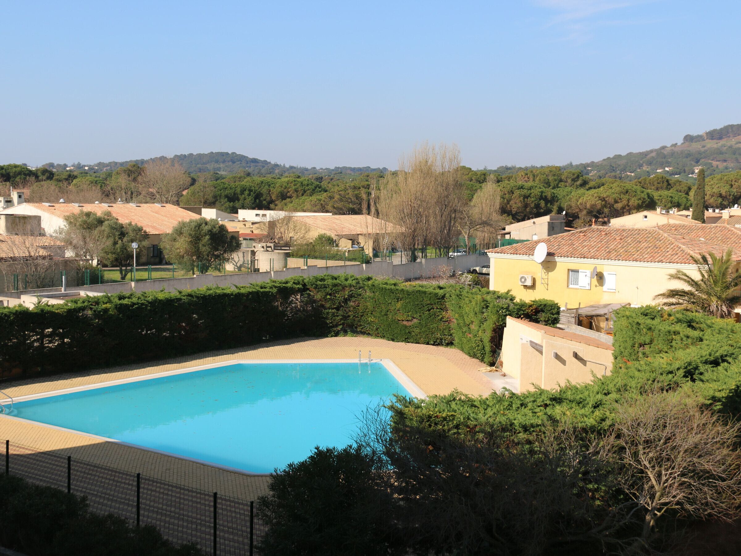 A swimming pool surrounded by greenery and residential buildings.