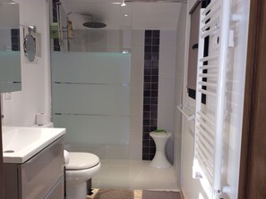 A modern bathroom with a glass shower enclosure, a toilet, and a sink. - Charming Renovated Cottage with Pool and Art near Le Mans (Lucé-sous-Ballon)