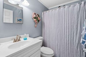 A bathroom with a white sink, a mirror, a toilet, and a shower curtain.