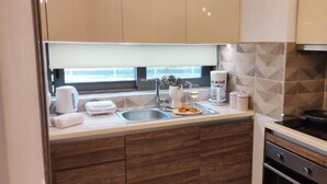 A compact kitchen with a sink, stove, and modern appliances. - Ezith Luxury Apartments (Heraklion)