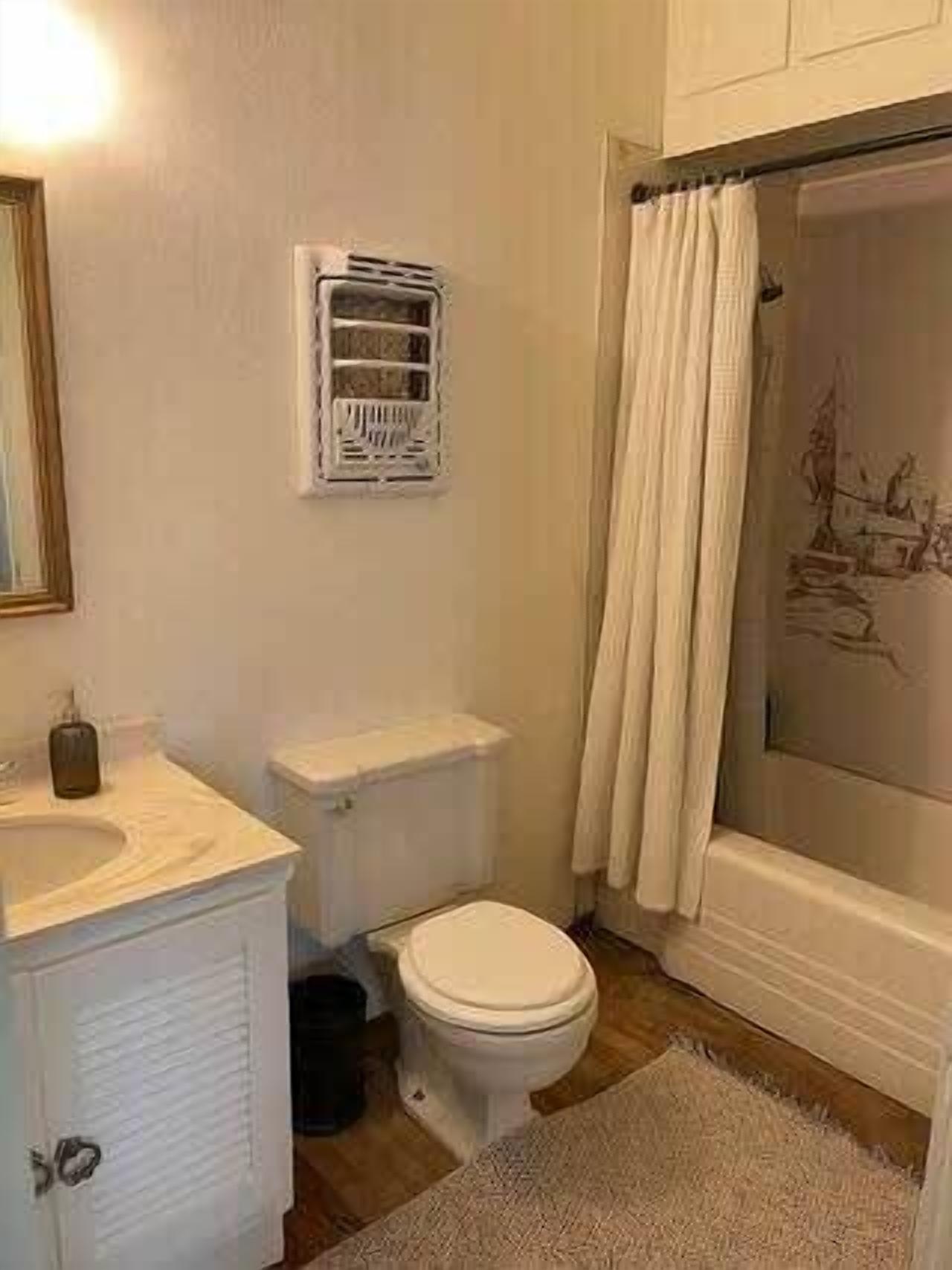 Un bagno con WC, lavandino e tenda per la doccia.