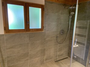 Shower, hair dryer, towels, toilet paper