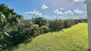 A grassy area with a view of the sea and a clear sky.