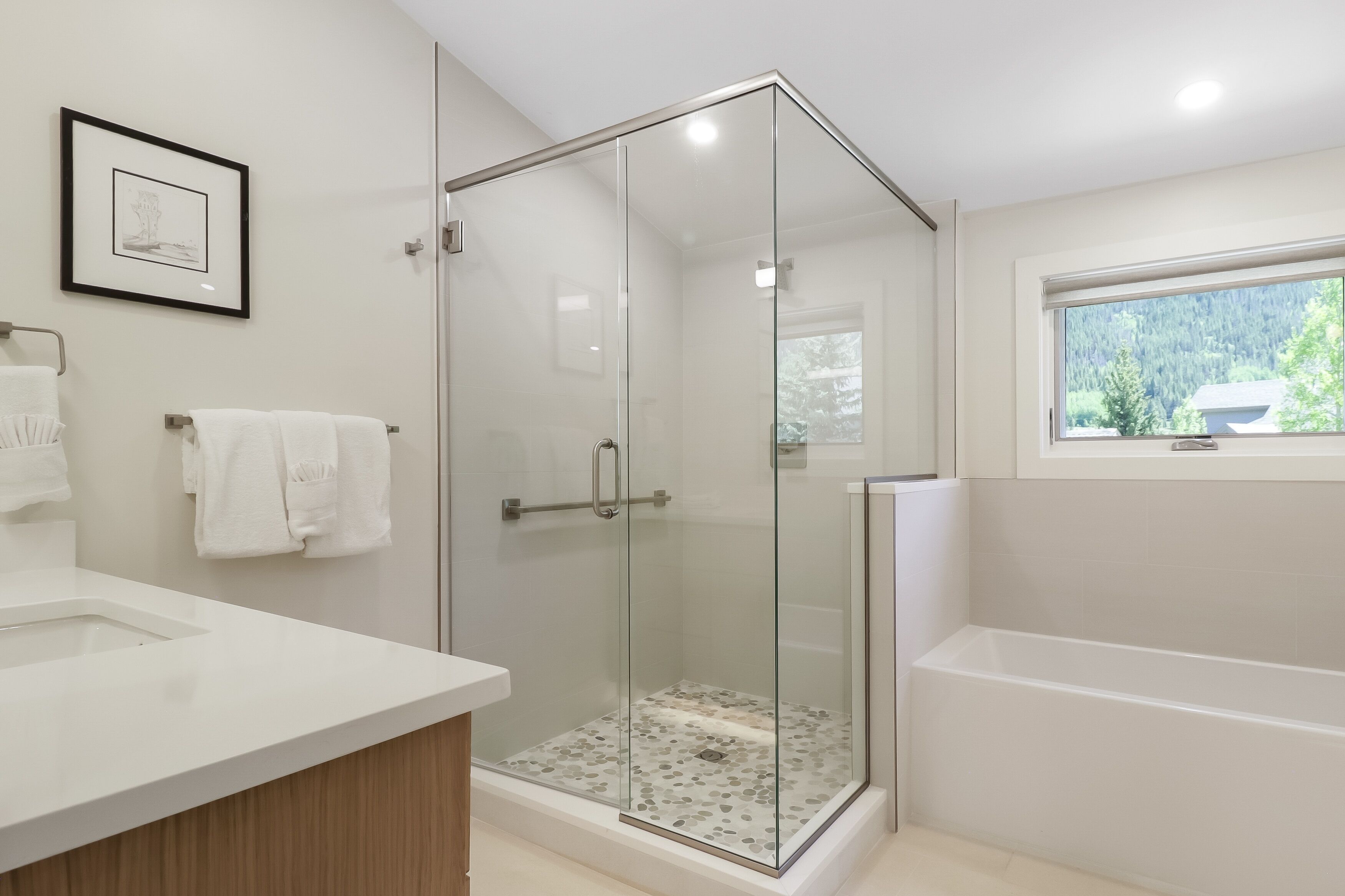 A modern bathroom with a glass-enclosed shower, a bathtub, a white sink, and a framed picture on the wall.