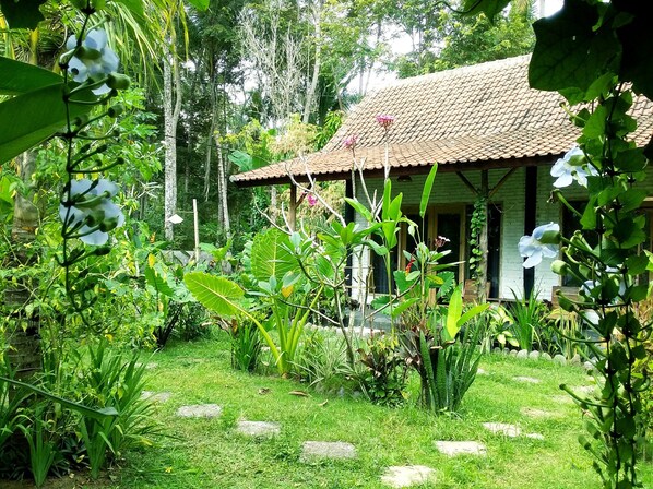 A traditional house with a tiled roof, surrounded by lush greenery and a well-maintained garden with various plants and a stone pathway. - Jungle House - surf & stay (Mendoyo)