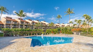 Un hotel con piscina, palmeras y un cielo azul despejado.