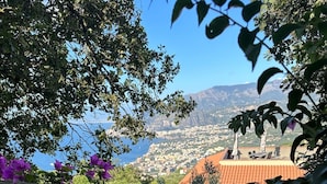 A wooden fence with purple flowers, overlooking a coastal town with red-roofed buildings and a clear blue sky. - Villa Savoia in Sorrento (Sorrento)