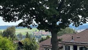 A traditional building with a tiled roof, surrounded by lush greenery and a view of a village in the distance. - Ferienhaus Grundmann - im Allgäu mit Wunderschönem Berg- Seepanorama (Lechbruck am See)