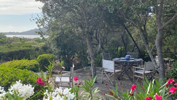 Un espace extérieur aménagé avec une table et des chaises, entouré d’une végétation luxuriante et de plantes en fleurs.