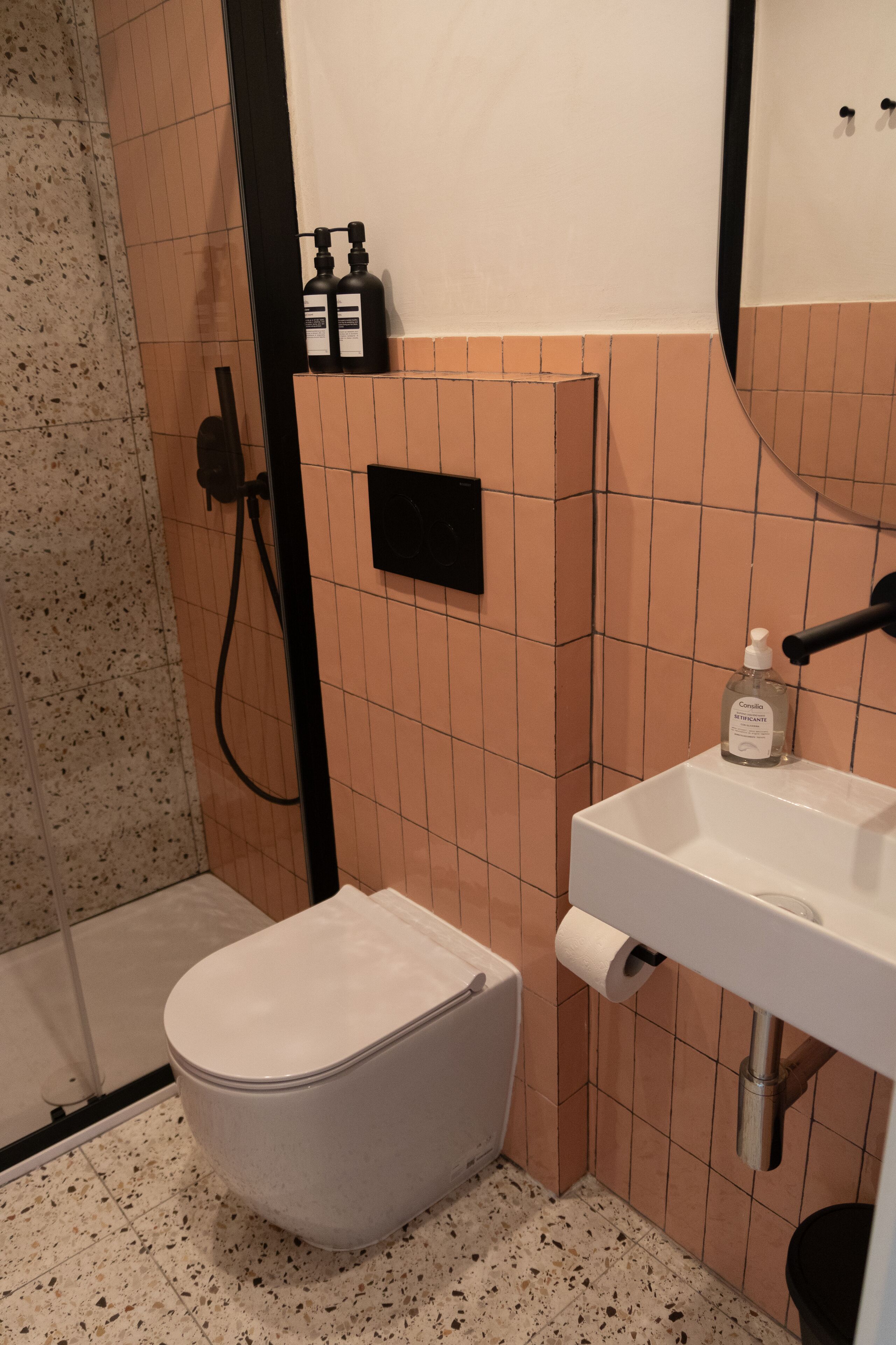 Une salle de bain avec des toilettes, un lavabo et une douche.