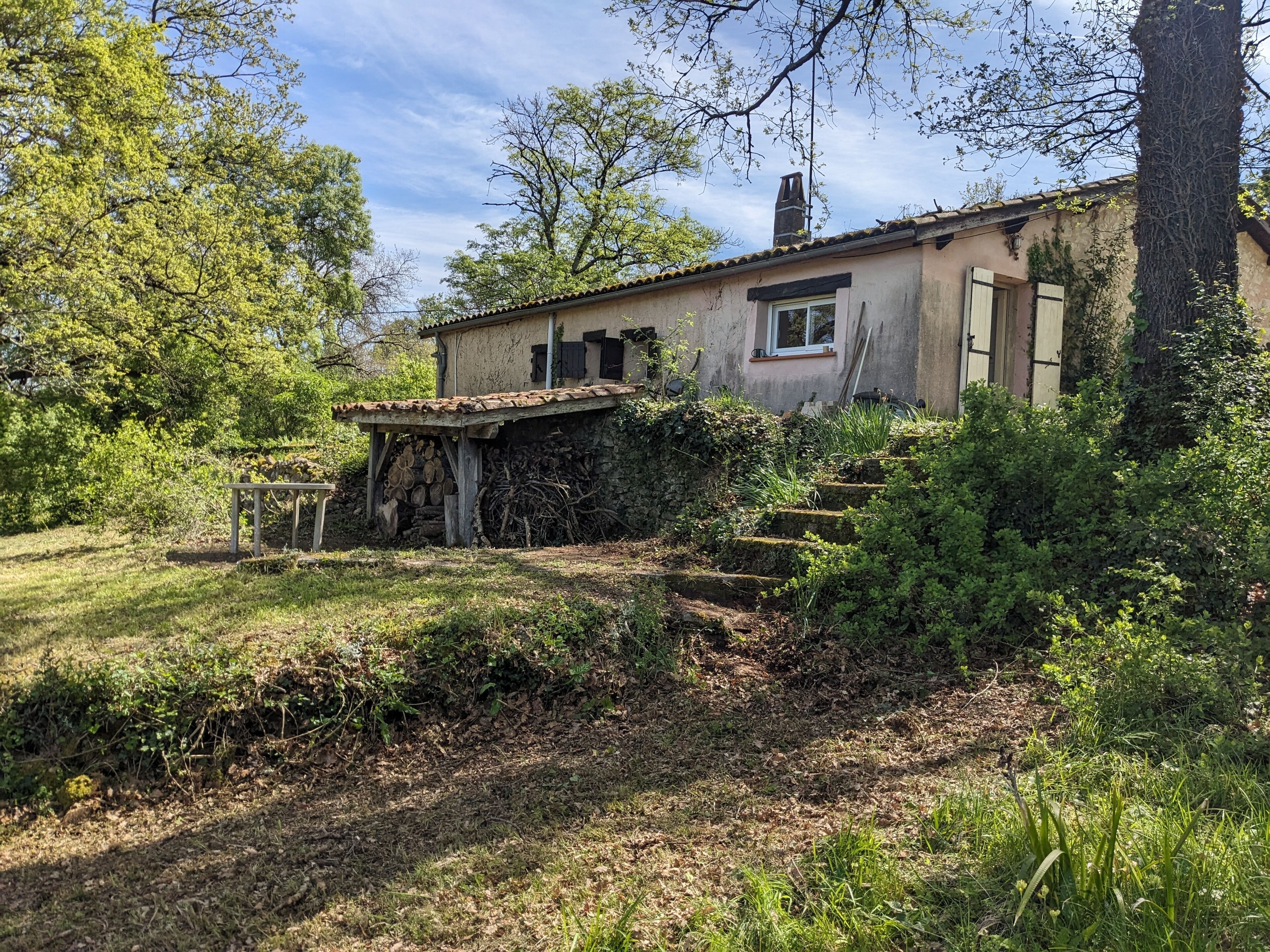 A rustic house with a stone staircase leading to a wooden door, surrounded by lush greenery.