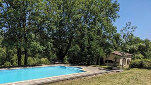 Une piscine rectangulaire bordée de carreaux, entourée d’une pelouse verdoyante et d’arbres.