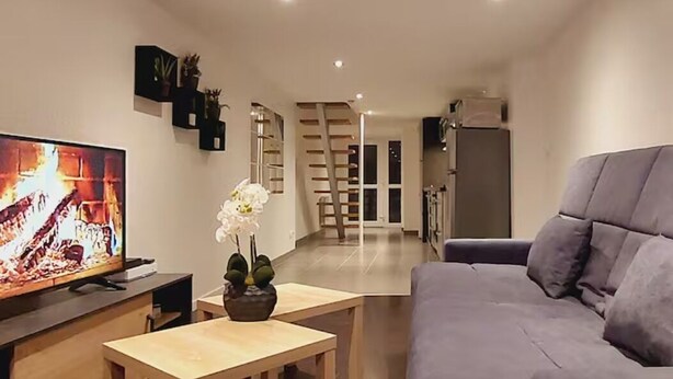 Un salon moderne avec un téléviseur à écran plat, un canapé gris, une table basse en bois et une orchidée en pot.