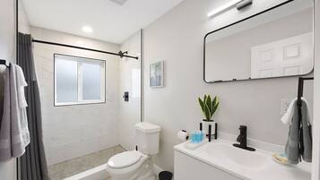 Shower, hair dryer, towels, soap