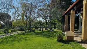 A well-maintained garden with a clear pathway, a stone bench, and a building with a tiled roof.