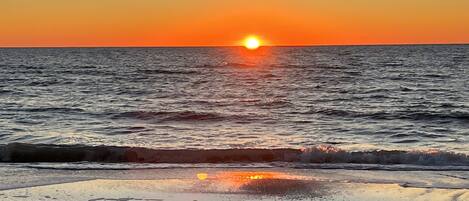 On the beach, sun-loungers, beach towels