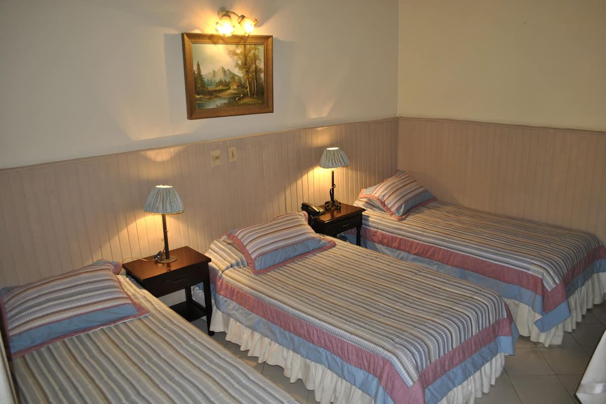 Hotellihuoneessa on kolme erillistä sänkyä, joissa kaikissa on raidallinen päiväpeite ja samanväriset tyynyt. Sängyn vieressä on yöpöydät, joissa on lamput, seinällä on taulu ja sängyn päädyssä on puinen koristepaneeli.