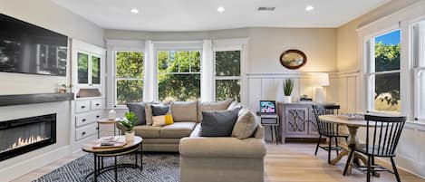 Smart TV, lareira, DVD player, livros