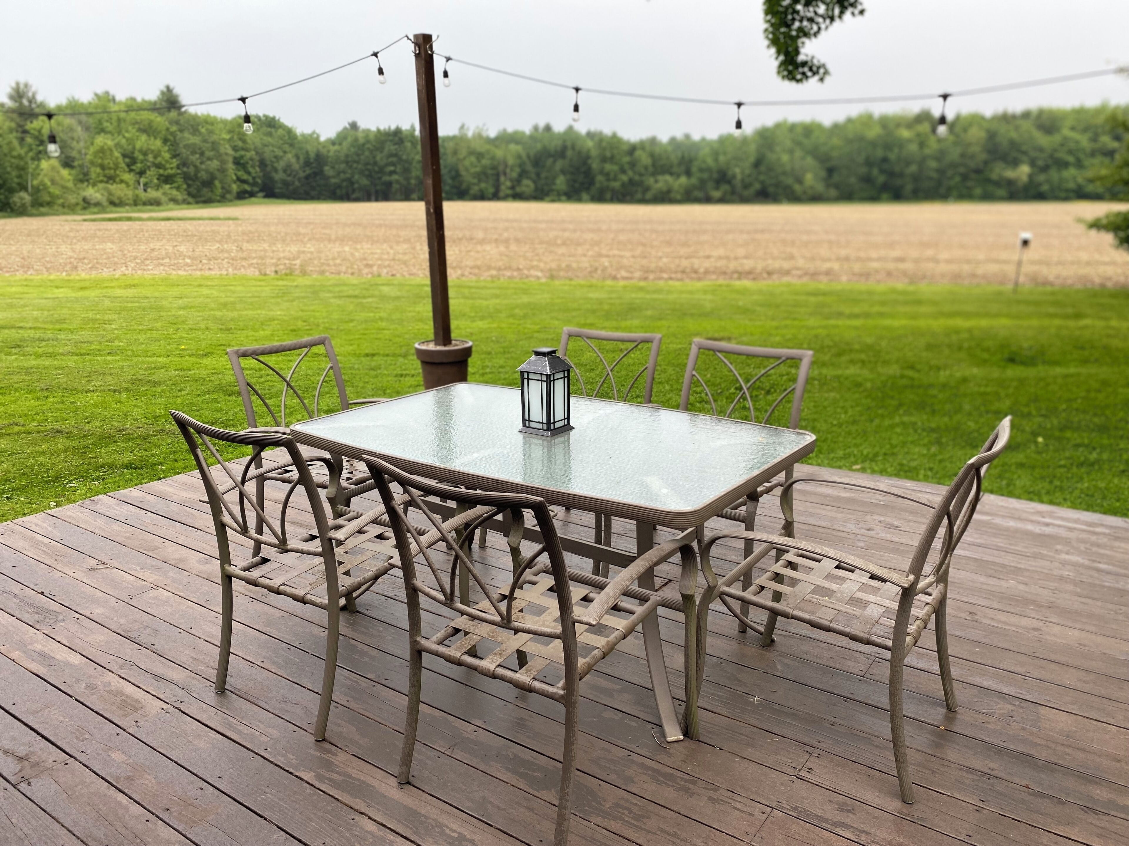 A wooden deck with a glass table and chairs, surrounded by a grassy field and trees.