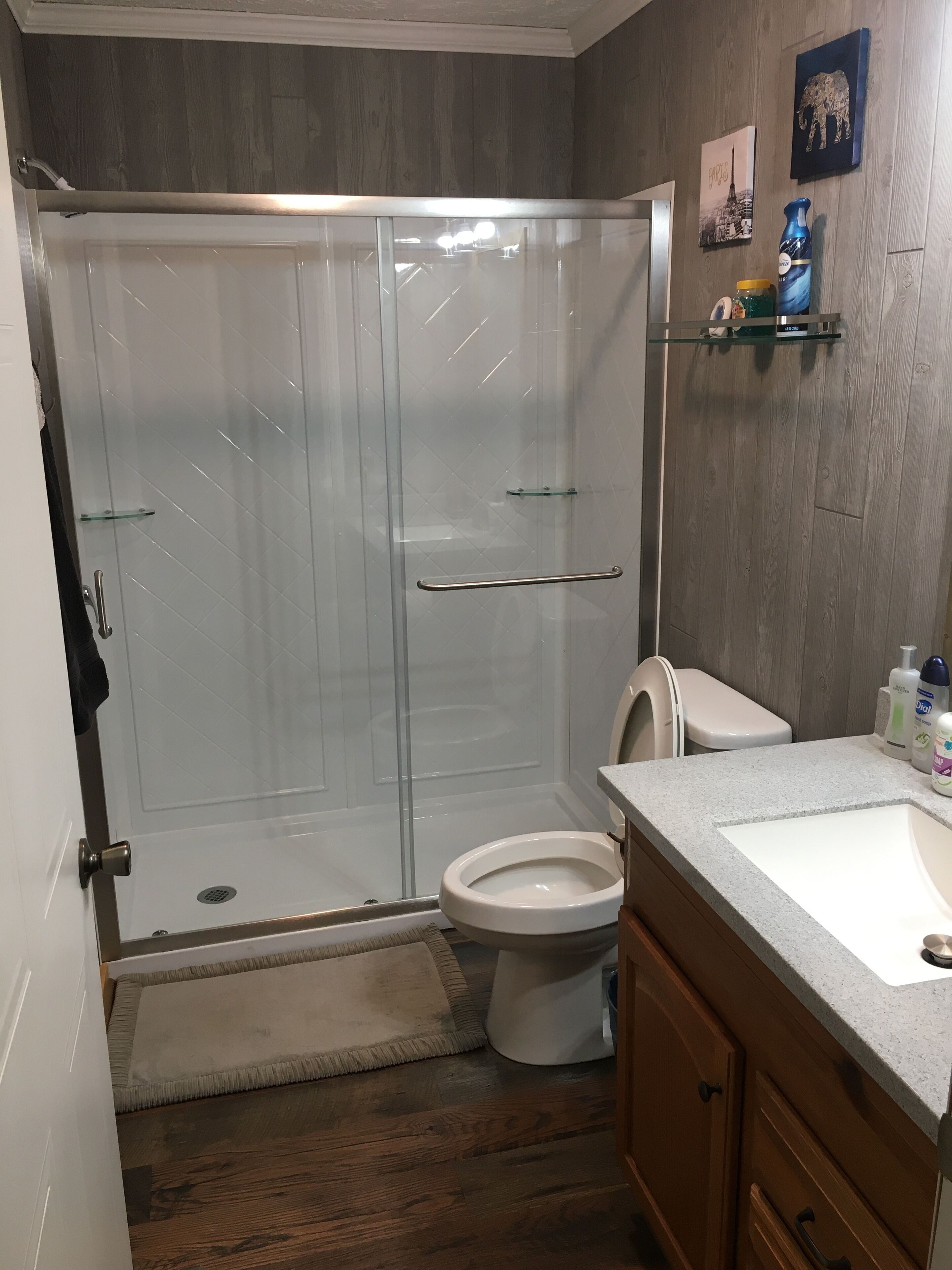 Shower, towels, toilet paper