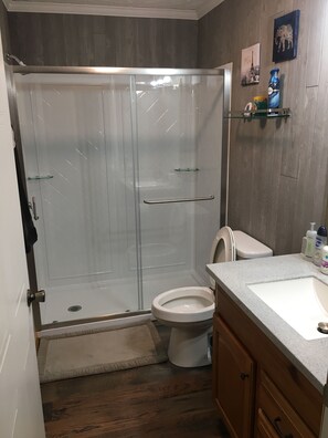 Regadera, toallas, papel de baño 