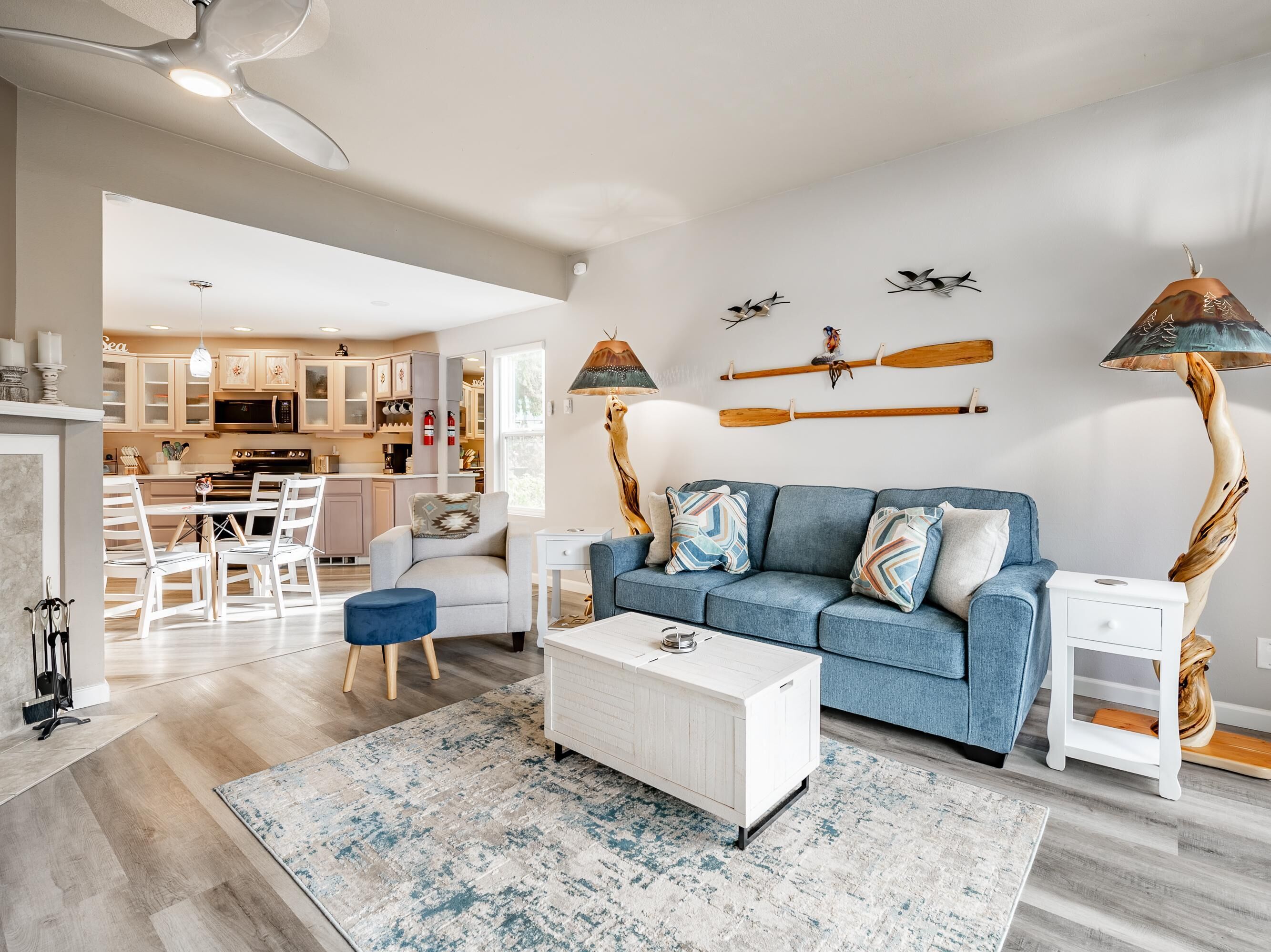 Télévision, cheminée, lecteur de DVD, baby-foot