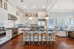 Fridge, microwave, oven, stovetop - Beachtown Galveston - Luxury Beachfront Home w/ Private Pool, Elevator, Yard! (Galveston)