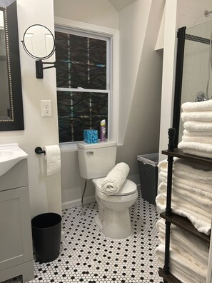 Combined shower/tub, hair dryer, towels