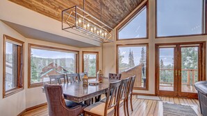 A dining area with a wooden table and chairs, large windows, and a view of the outdoors. - Mountain Cabin w/VIEWS in Brian Head, Utah! Fun to be had Winter, Summer & Fall! (Brian Head)