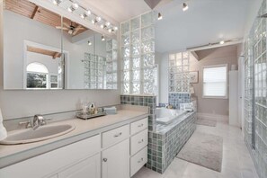 Shower, hair dryer, shampoo