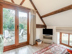 A room with a sliding glass door leading to an outdoor area, a television on a stand, a patterned rug, and a basket with cushions.