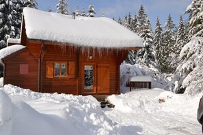 A wooden cabin with a snow-covered roof and a wooden door, surrounded by snow-covered trees. - Le Chant de la Rivière - Chalet 3* pour 8 personnes (Ventron)